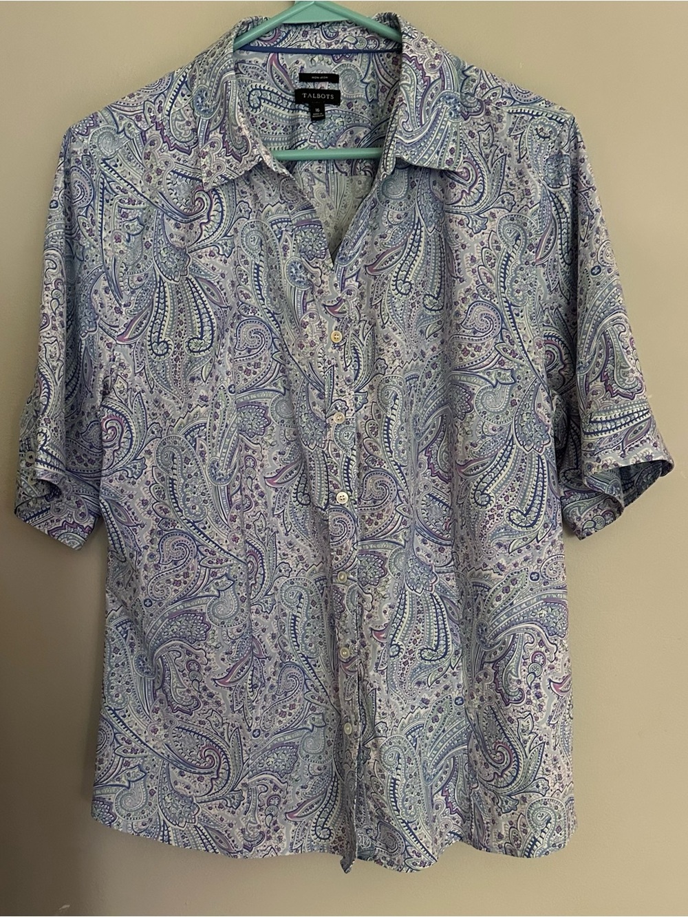 TALBOTS size 16, Short-Sleeve Paisley Button-Down Shirt - Light Blue & Purple